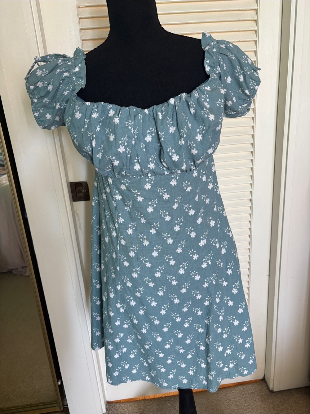 ASOS Dusty Teal Floral Puff-Sleeve Midi Dress
